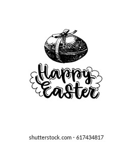 A hand drawn sketch drawn a beautiful Easter egg bandaged with a ribbon on a bow. Spring easter illustration. Happy Easter handwritten lettering.