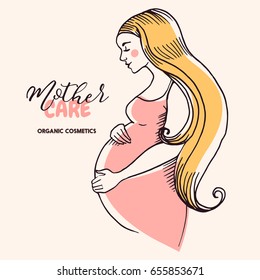 Hand drawn sketch beautiful pregnant profile mother silhouette. Woman vector illustration. Happy Mothers Day card