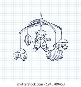 Hand drawn sketch of bed carousel, hanging rattle on a white background. Black and white sketch of hanging rattle. Baby items.	