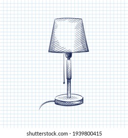 Hand Drawn Sketch Of Bed Lamp On A White Background. Black And White Sketch Of Bed Lamp. Going To Sleep. Sleeping Set	
