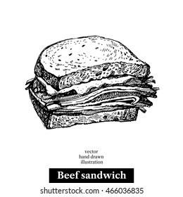 Hand Drawn Sketch Beef Sandwich. Vector Isolated Food Illustration