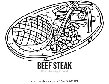 Esboço desenhado à mão de bife de carne com legumes e batatas fritas em uma placa de serviço. Design simples, menu de comida