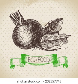 Hand drawn sketch beet vegetable. Eco food background.Vector illustration