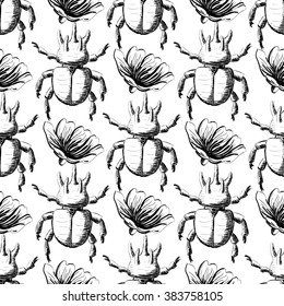 Hand drawn Sketch Beetles Seamless Pattern. Art wallpaper with insects for prints or other creative design. Vintage style background