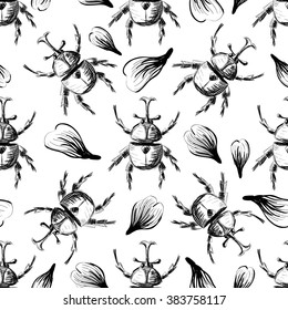 Hand drawn Sketch Beetles Seamless Pattern. Art wallpaper with insects for prints or other creative design. Vintage style background