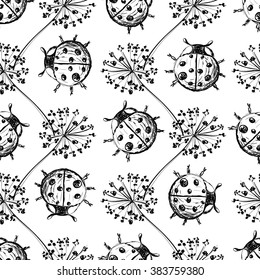 Hand drawn Sketch Beetles Seamless Pattern. Art wallpaper with insects for prints or other creative design. Vintage style background