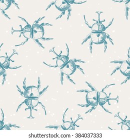 Hand drawn Sketch Beetles Seamless Pattern. Art wallpaper with insects for prints or other creative design. Vintage style background