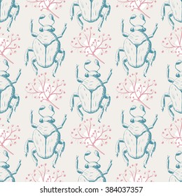Hand drawn Sketch Beetles Seamless Pattern. Art wallpaper with insects for prints or other creative design. Vintage style background