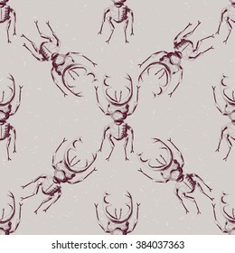 Hand drawn Sketch Beetles Seamless Pattern. Art wallpaper with insects for prints or other creative design. Vintage style background