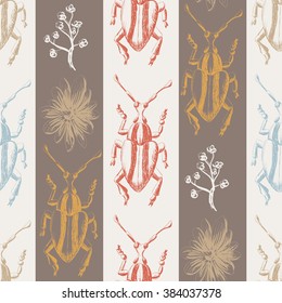 Hand drawn Sketch Beetles Seamless Pattern. Art wallpaper with insects for prints or other creative design. Vintage style background