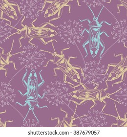 Hand drawn Sketch Beetles Seamless Pattern. Art wallpaper with insects for prints or other creative design. Vintage style background