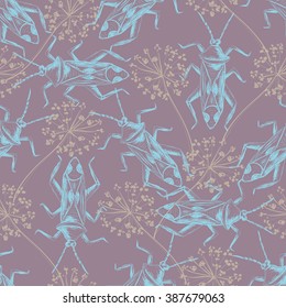 Hand drawn Sketch Beetles Seamless Pattern. Art wallpaper with insects for prints or other creative design. Vintage style background