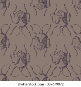 Hand drawn Sketch Beetles Seamless Pattern. Art wallpaper with insects for prints or other creative design. Vintage style background