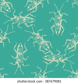 Hand drawn Sketch Beetles Seamless Pattern. Art wallpaper with insects for prints or other creative design. Vintage style background