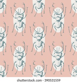 Hand drawn Sketch Beetles Seamless Pattern. Art wallpaper with insects for prints or other creative design. Vintage style background