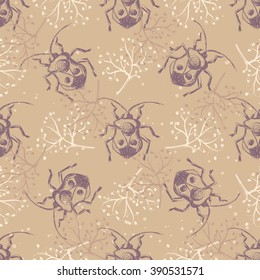 Hand drawn Sketch Beetles Seamless Pattern. Art wallpaper with insects for prints or other creative design. Vintage style background