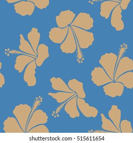 Hand drawn sketch. Of beige and blue hibiscus flowers, blossom with leaves isolated. Watercolor painting effect, Vector illustration. Hibiscus flowers in beige and blue colors.