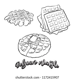 Hand Drawn Sketch Of Belgian Waffle Bread. Vector Drawing Of Waffle Food, Usually Known In Belgium. Bread Illustration Series.