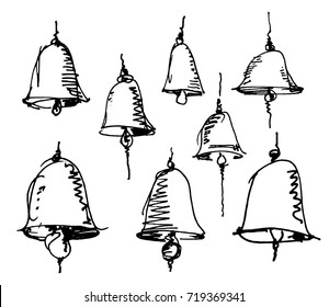 hand drawn sketch of bells set isolated on white background, vector illustration