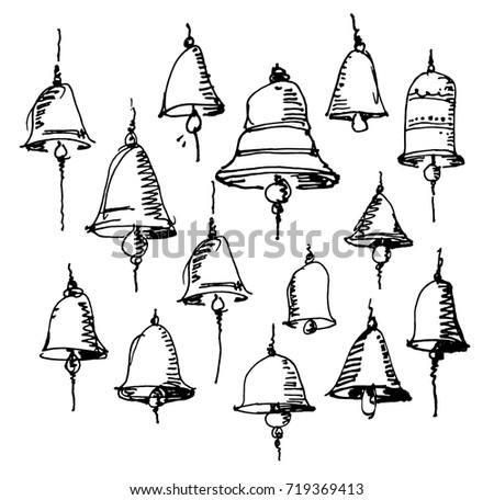 hand drawn sketch of bells set vector illustration isolated on white background.