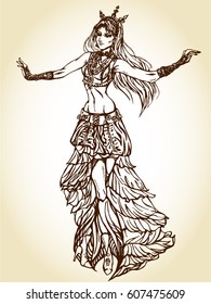 hand drawn sketch of a belly dance girl. Beautiful woman belly dancer.Vintage graphic illustration of a young dancing girl. cartoon character.Tribal fusion