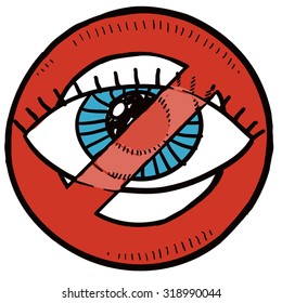 Hand drawn sketch of big brother's eye with red no symbol around it indicating opposition to surveillance, wiretapping, and cameras.