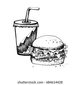 Hand Drawn Sketch Big Hamburger Soda Stock Vector (Royalty Free ...