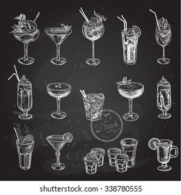 Hand drawn sketch big set of alcoholic cocktails. Vector illustration. Chalkboard background.