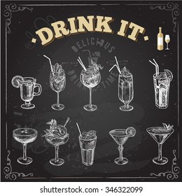 Hand drawn sketch big set of alcoholic cocktails. Vector illustration. Chalkboard background.