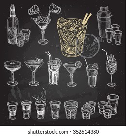 Hand drawn sketch big set of alcoholic cocktails. Vector illustration. Chalkboard background.