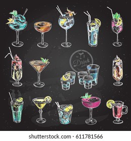 Hand drawn sketch big set of alcoholic cocktails. Vector illustration. Chalkboard background.