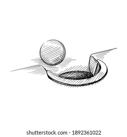 Hand drawn sketch of billiard ball at the edge of the hole on a white background. Billiards and Pool items. Billiards  Pool Table Accessories. White pool ball at the edge of the hole