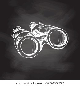 Hand drawn  sketch of binoculars. Vintage vector illustration isolated on chalkboard background. Doodle drawing. 