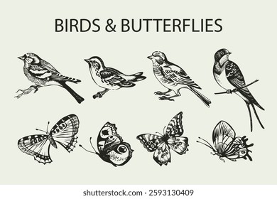 Hand drawn sketch bird and butterfly set. Vector illustration
