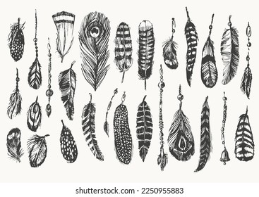 Hand drawn sketch of bird feathers and beads for ethnic background, decorative poster, greeting card. Boho, hipster design element.
