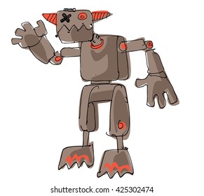 Hand drawn sketch. a bit weird rusted robot - cartoon