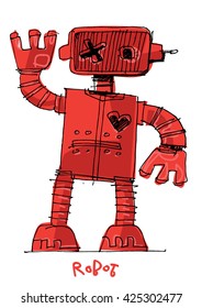 Hand drawn sketch. a bit weird red robot - cartoon