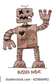 Hand drawn sketch. a bit weird rusted robot - cartoon