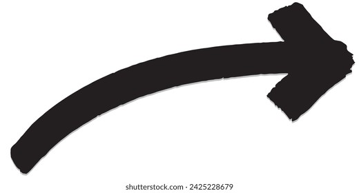 hand drawn sketch black arrow and soft shadow. Horizontal image.black arrow pointing and curve to the right. white background. isolated