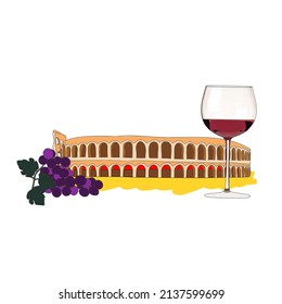 Hand drawn sketch black colorful illustration of the Arena di Verona with and a glass of red wine and grapes of the Valpolicella region in the city of Vinitaly