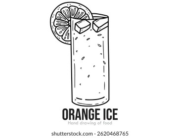 Hand drawn sketch of black ink orange juice ice, sweet drink