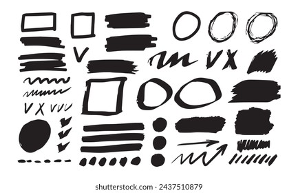 Hand drawn sketch black marker, brushed signs, lines, shapes, handwritten, marker design elements set isolated on white background