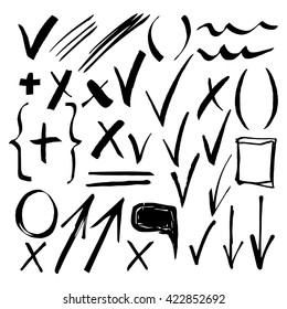 Hand drawn sketch black marker, brushed signs, arrows, lines, handwritten, marker design elements set  isolated