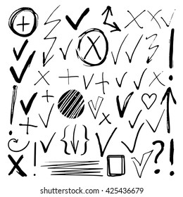 Hand drawn sketch black marker, brushed signs, arrows, lines, shapes, handwritten, marker design elements set  isolated on white background