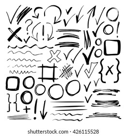 Hand drawn sketch black marker, brushed signs, arrows, lines, shapes, handwritten, marker design elements set  isolated on white background