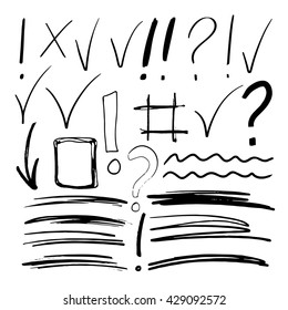 Hand drawn sketch black marker, brushed signs, arrows, lines, shapes, handwritten, marker design elements set isolated on white background