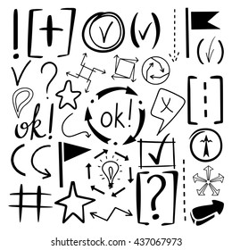 Hand drawn sketch black marker, brushed signs, arrows, lines, shapes, handwritten, design elements set isolated on white background