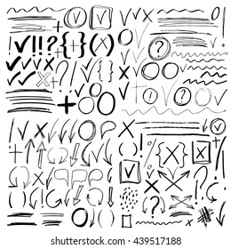 Hand drawn sketch black marker, brushed signs, arrows, lines, shapes, handwritten, marker design elements set isolated on white background