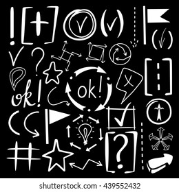 Hand drawn sketch black marker, brushed signs, arrows, lines, shapes, handwritten, marker design elements set isolated on blackboard, chalkboard background