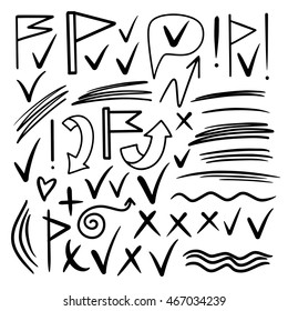 Hand drawn sketch black marker signs, arrows, check mark, speech bubble, lines, stripes, flags. Design elements set isolated on white background